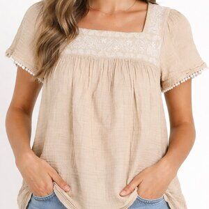 Old Navy Beige Babydoll Blouse with Lace Accents Size M